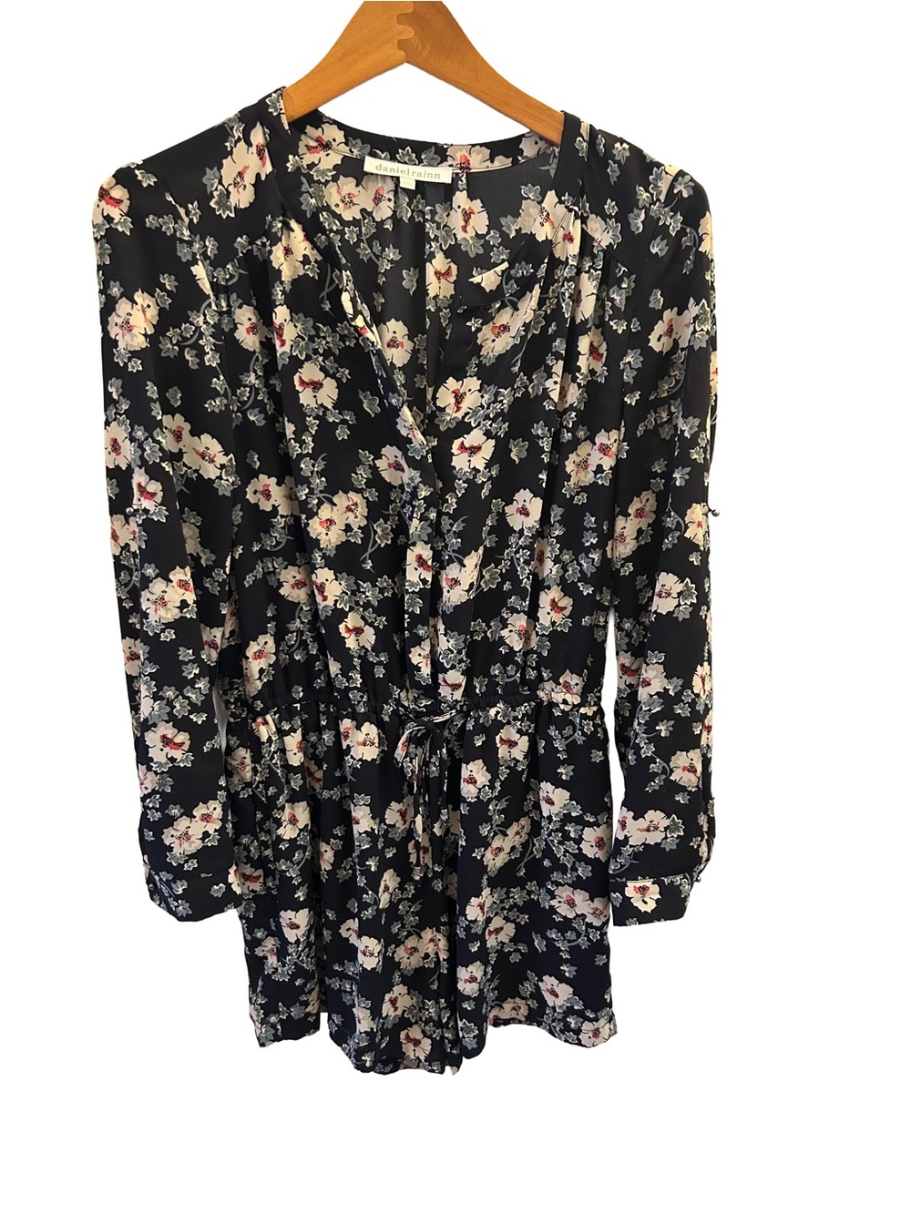 Daniel Rainn Dark Navy Boho Floral Long-Sleeve Romper with Tie Waist Size M - Picture 3 of 4